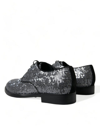 Dolce & Gabbana Formal Black | Silver / EU39/US6 / Material: Leather Silver Sequined Lace Up Men Derby Dress Shoes