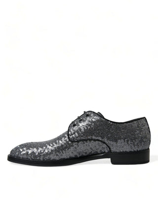 Dolce & Gabbana Formal Black | Silver / EU39/US6 / Material: Leather Silver Sequined Lace Up Men Derby Dress Shoes