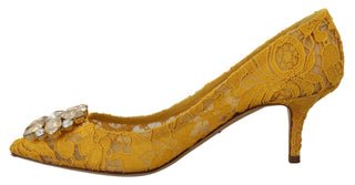 Dolce & Gabbana Pumps Yellow / EU38/US7.5 Yellow Lace Heels with Crystal Embellishment