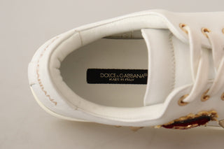 Dolce & Gabbana Shoes White / EU35/US4.5 / Material: 100% Leather White Leather Gold Red Heart Sneakers Shoes