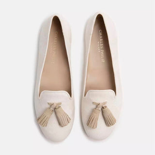 Elegant Beige Silk Tassel Loafers
