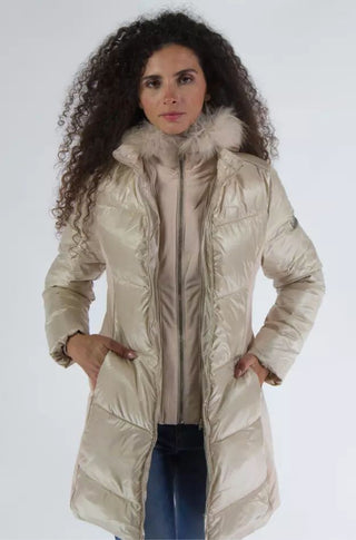 Elegant Beige Padded Jacket With Fur Hood