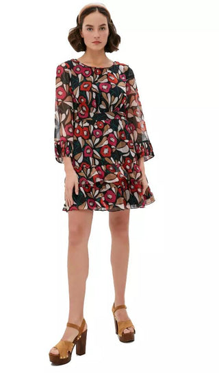 Multicolor Floral Crepe Midi Dress with Ribbon Waist