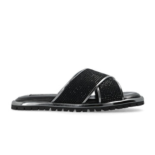 Black Zircon-bedecked Leather Slippers