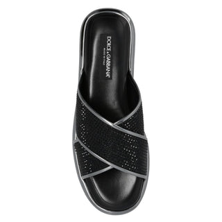 Black Zircon-bedecked Leather Slippers