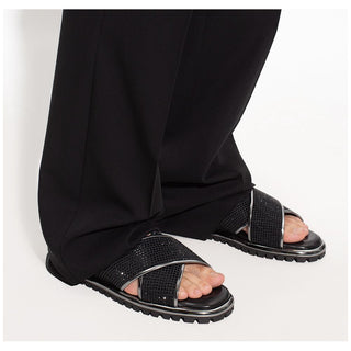 Black Zircon-bedecked Leather Slippers