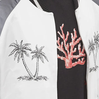 Embroidered White Bomber Jacket - Zipper Closure