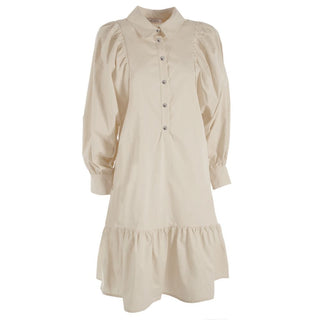 Beige Cotton Dress With Gathered Sleeves