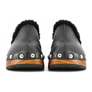 Elegant Black Leather Clogs With Faux Fur Trim