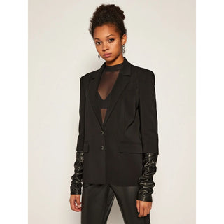 Elegant Two-button Jacket With Faux Leather Trim