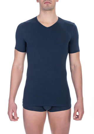 Blue Cotton Men's V-neck T-shirt