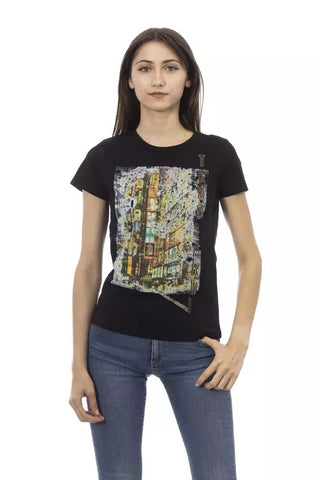 Chic Black Cotton Blend Tee With Unique Front Print