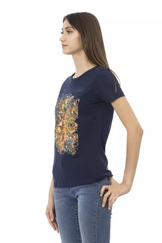 Chic Blue Casual Tee with Artistic Front Print