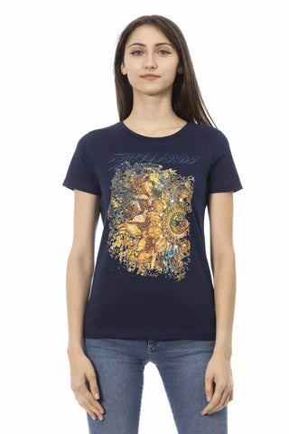 Chic Blue Casual Tee with Artistic Front Print