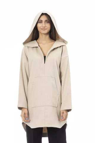 Beige Wool Women Sweater With Hood