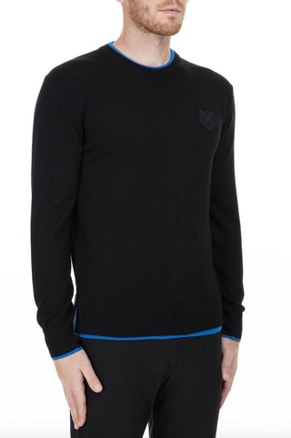 Chic Black Cotton Sweater With Blue Accented Edges