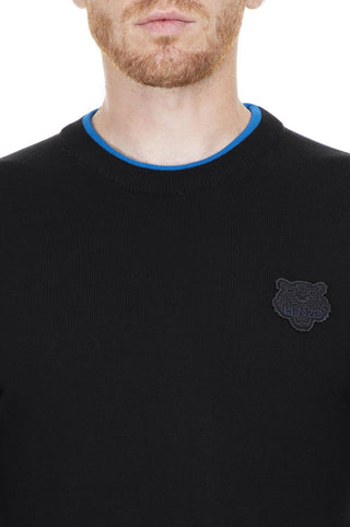 Sleek Black Roundneck Sweater With Blue Accents