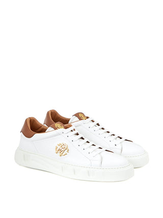 Roberto Cavalli Men White / EU45/US12 White Leather Sneakers with Gold Logo