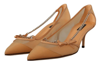 Elegant Beige Mesh Pumps With Silver Chains