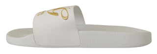 Chic White Leather Slides With Gold Embroidery