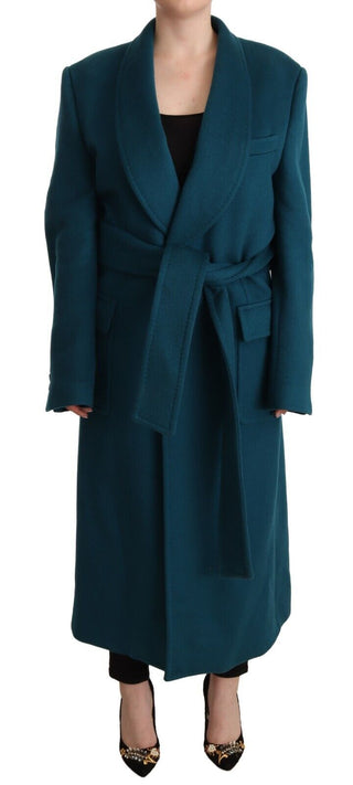 Elegant Blue Green Wool-anogra Wrap Coat