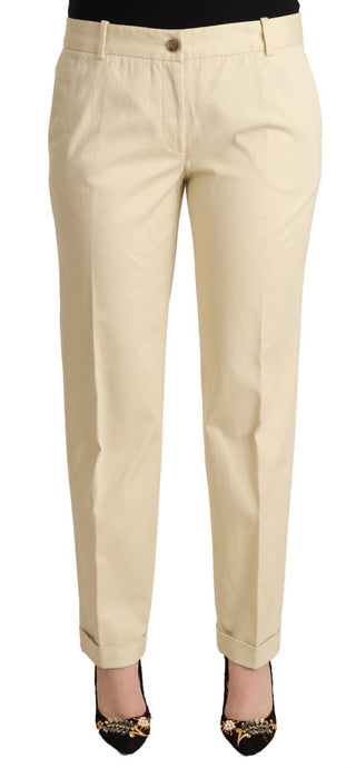 Beige Cotton Stretch Tapered Trousers Pants