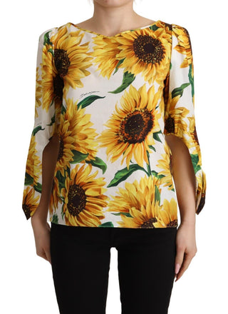 Sunflower Print Cotton Elbow Sleeve Blouse