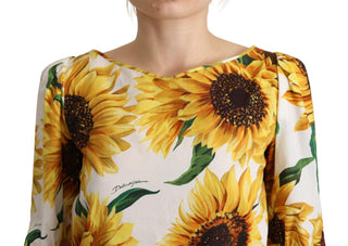 Sunflower Print Cotton Elbow Sleeve Blouse