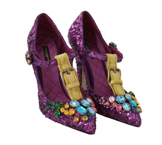 Elegant Purple Sequined T-Strap Heels