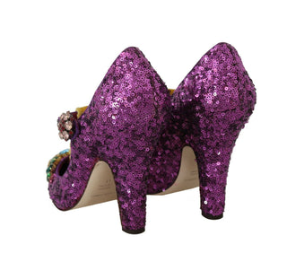 Elegant Purple Sequined T-Strap Heels