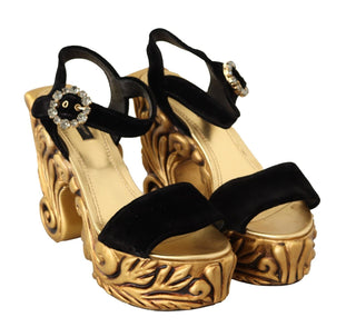 Baroque Velvet Heels In Black And Gold