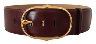 Elegant Brown Leather Belt With Gold Oval Buckle