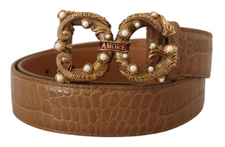 Elegant Croco Leather Amore Belt With Pearls