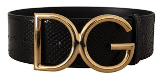Elegant Black Python Skin Belt With Gold Buckle