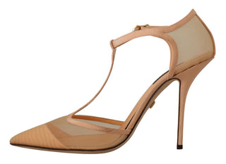 Elegant Beige Mesh T-strap Pumps