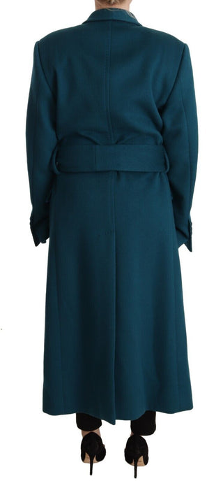 Elegant Blue Green Wool-anogra Wrap Coat