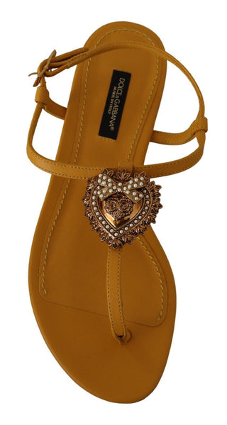 Mustard T-strap Flat Sandals With Heart Embellishment