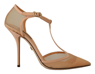 Elegant Beige Mesh T-strap Pumps