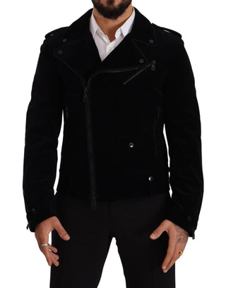 Sleek Black Cotton Biker Jacket