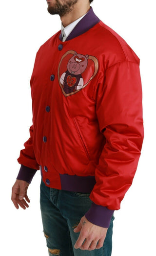 Vibrant Red Bomber Jacket With Multicolor Motif