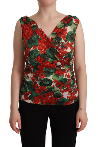 Elegant V-neck Geranium Print Silk Tank Top