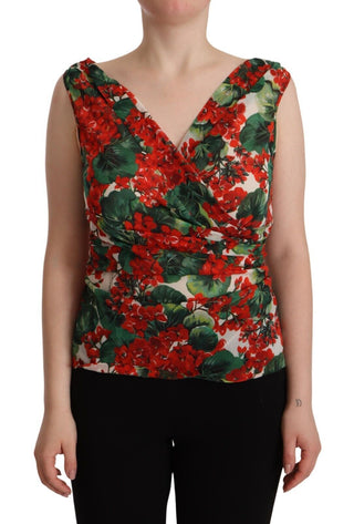 Elegant V-neck Geranium Print Silk Tank Top