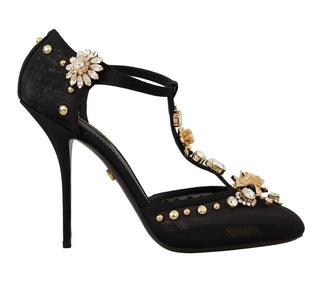 Elegant Crystal-embellished Mesh T-strap Pumps