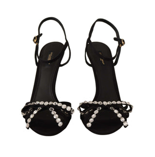 Elegant Black Viscose Ankle Strap Sandals With Crystals