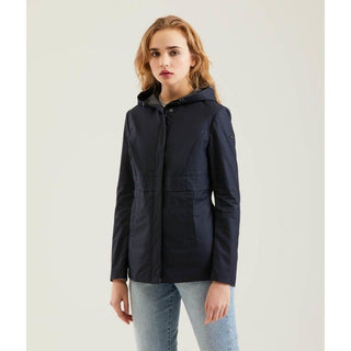 Chic Blue Polyester Jacket With Zip And Button Detail