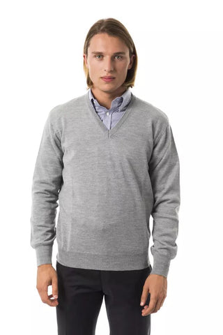 Embroidered Wool V-neck Sweater - Elegant Gray