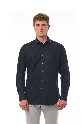 Elegant Black Cotton Italian Collar Shirt